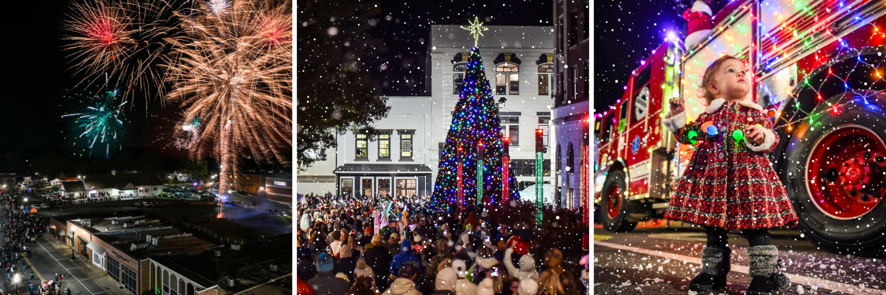 Images from the 2024 Tree Lighting: fireworks, lit tree with snowfall, and little girl in front of a decorated fire truck. Images from the 2024 Tree Lighting: fireworks, lit tree with snowfall, and little girl in front of a decorated fire truck.